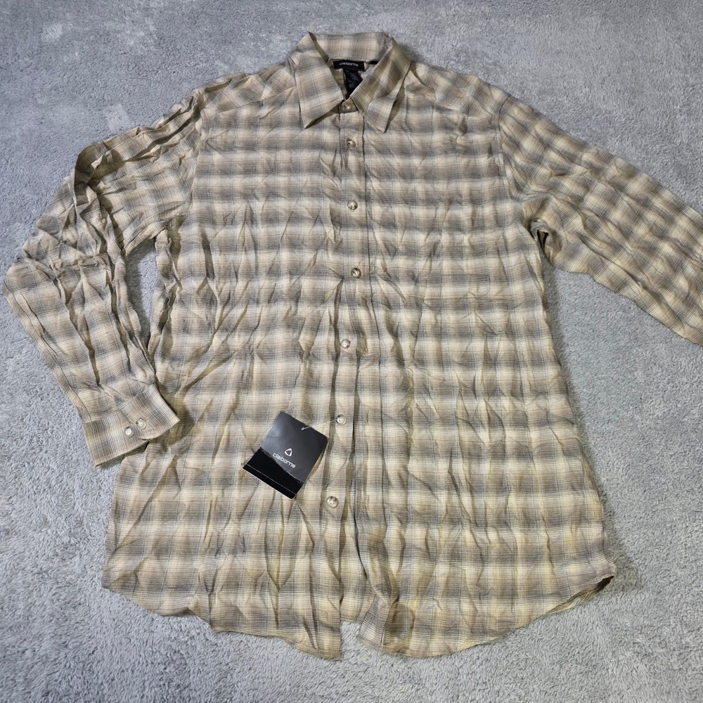 Claiborne Mens Large Shirt Brown Plaid Long Sleeve Rayon Button Front MERU1161